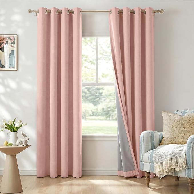 100% Blackout Linen Textured Curtains 90 Inch Long, Blush Pink | 100% Blackout by 100BlackoutShield