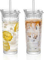 KEMORELA 18oz Glass Tumbler Set of 2 with Straw and Lid – Durable, Leak-Proof, Wide-Mouth Design – Perfect for Iced Beverages, Smoothies, and Daily Hydration Needs
