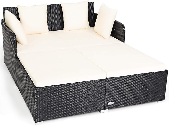 COSTWAY Outdoor Patio Rattan Daybed, Sponge Cushioned Loveseat Sofa by COSTWAY