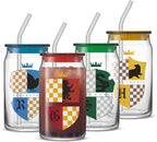 JoyJolt Harry Potter House Crests Glass Tumblers with Lids and Straws, 16oz Glass Cups with Lids and Straws, Can Shaped Drinking Glasses Set of 4, Hogwarts Cup, Harry Potter Merchandise