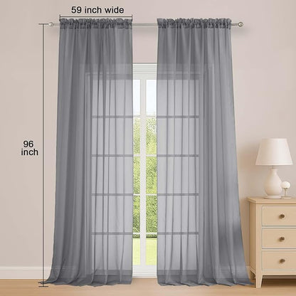 Extra Long Grey Sheer Curtains 96 Inches Long 2 Panels Set, Soft Lightweight - Image 2