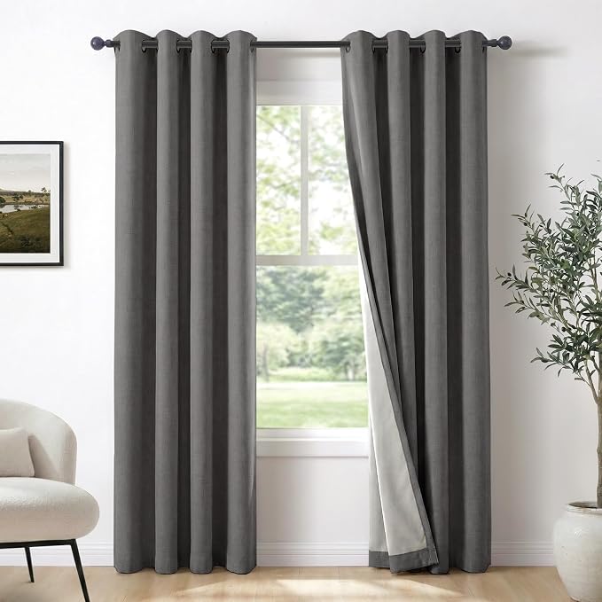 100% Blackout Linen Textured Curtains 90 Inch Long, Dark Gray | 100% Blackout by 100BlackoutShield
