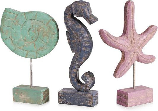 3pcs Wood Handmade Beach Nautical Style Figurines Starfish/Conch/Seahorse by Exttlliy