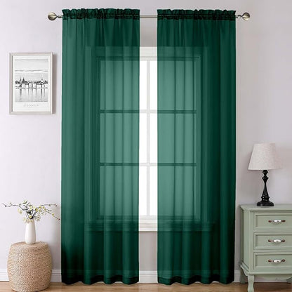 Hunter Green Sheer Curtains 90 Inches Long 2 Panels, Airy Voile Solid Curtains by Lecloud