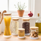 Glass Storage Containers with Bamboo Lids – 7 Pack Airtight Clear Glass Jars in Mixed Sizes (17oz/25oz/34oz/53oz/73oz) for Pantry Organization, Kitchen Dry Food, Coffee, Flour, Pasta & Snacks