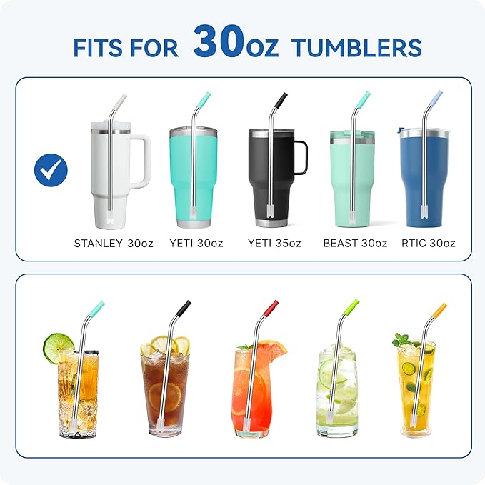 Reusable Stainless Steel Straws with Silicone Tip for Stanley 30oz, Metal Drinking Straws for 30oz Tumbler,3 Bent Tubes & 6 Tips& 1 Cleanr Brush (Vivid Violet)