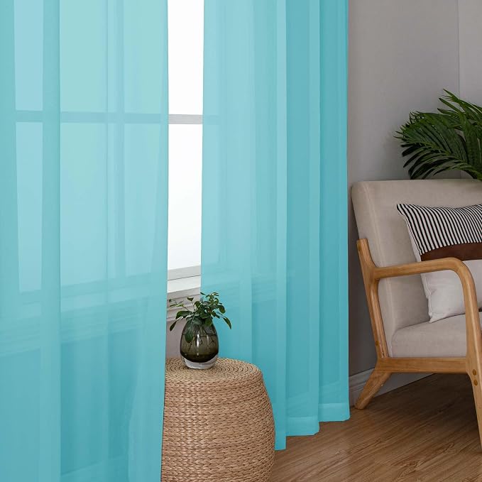 Short Aqua Sheer Curtains 36 Inch Length 2 Panels Set, Kitchen Tiers Curtains - Image 3