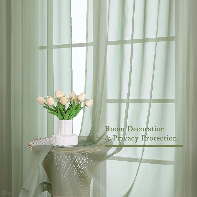 Sage Green Sheer Curtains 96 Inches Long 2 Panels, Solid Airy Voile Dual Rod - Image 7