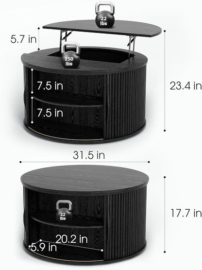 JOINICE 31.5" Black Round Lift Top Coffee Table, Modern Fluted Drum Center Table - Image 2