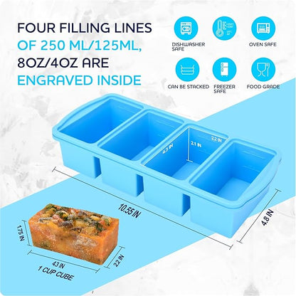 Silicone Freezer Trays with Lid,1-cup Soup Freezer Container large Ice Cube Molds with Reinforced Steel Ring Top for freezing Soup Sauce Broth Leftovers oven Dishwasher -Safe(2-Pack)
