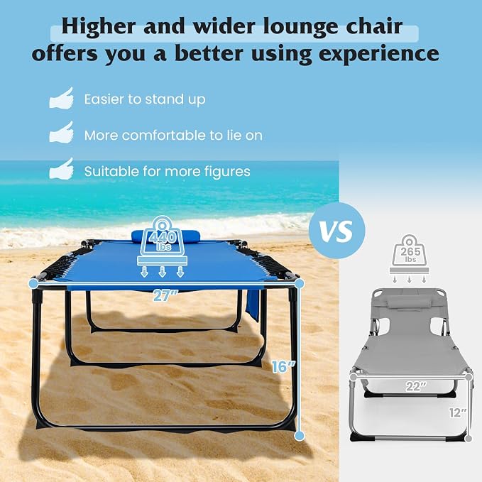 GYMAX Lounge Chair for Outside, 440lbs 27” Oversize Folding Beach Tanning - Image 5