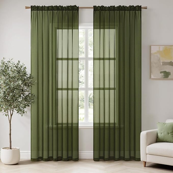 MIULEE Olive Green Sheer Curtains 54 X 84 Inches, 2 Panels | Solid Color by MIULEE