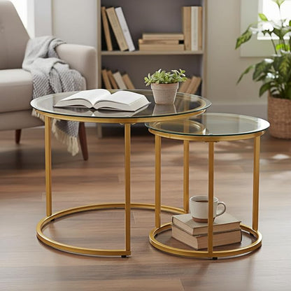 Round Nesting Coffee Table Set of 2, Modern Glass Nesting Tables, Stacking by Cuizehua
