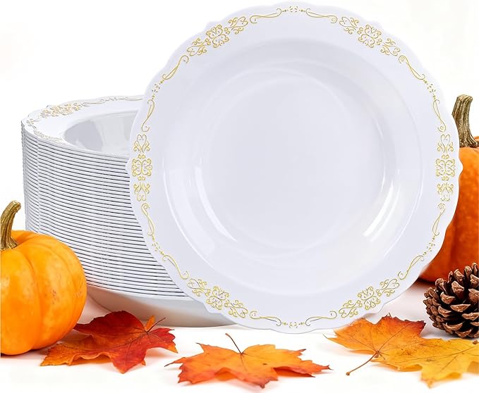 DaYammi 30 Pack Plastic Bowls with Gold Rim, 12oz Disposable Soup Bowls, Heavy Duty Dinner Bowls for Weddings, Parties, Dinners, Catering and Everyday Use