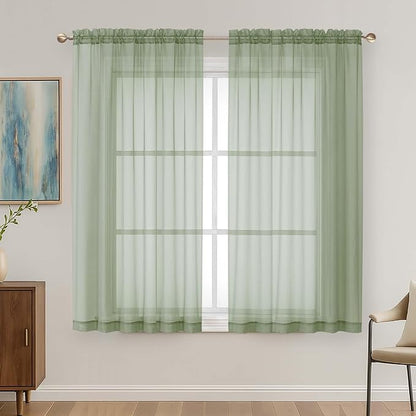 Sage Green Sheer Curtains 63 Inches Long 2 Panels Set, Light Filtering Sheer by OVZME