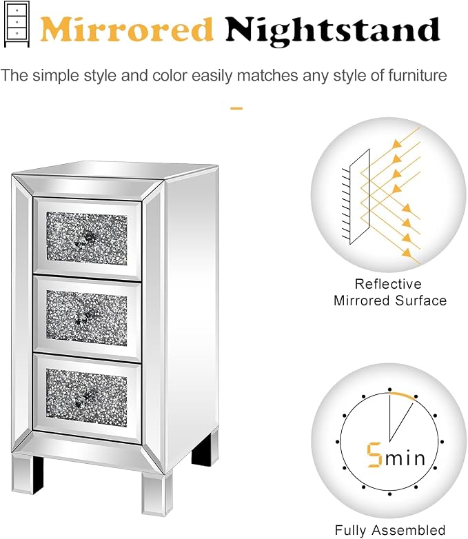 VINGLI 3-Drawer Mirrored Nightstand Bedside Table Glass Accent End Table - Image 4