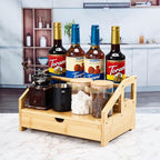 Bamboo Coffee Syrup Rack Organizer 3 Tier Rack with Cup Storage Box, Bottle Holder Stand for Syrups, Dressings, Kitchen Coffee Station, Natural
