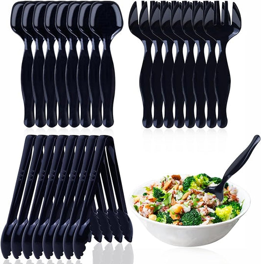 24Pcs Black Plastic Serving Utensils Disposable Serving Spoons Forks Tongs for Party Utensils Supplies for Dinner Parties Buffets Salad Noodles Soup and Weddings (Black)