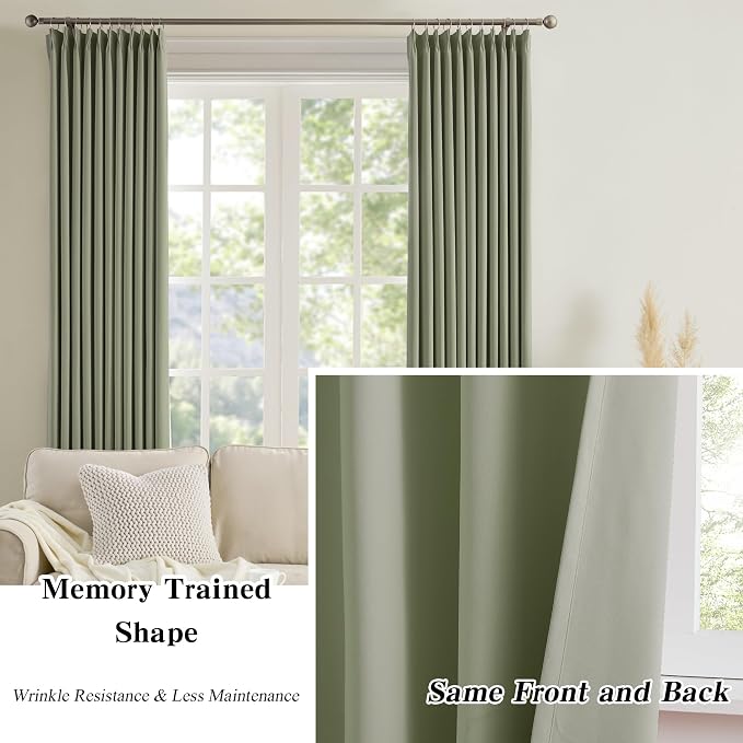 Light Sage Blackout Curtains Pinch Pleat Green Drapes 96 Inches Long 2 Pieces - Image 6
