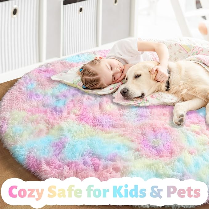 Amdrebio Rainbow Big Round Furry Area Rug 7Ft - Image 2