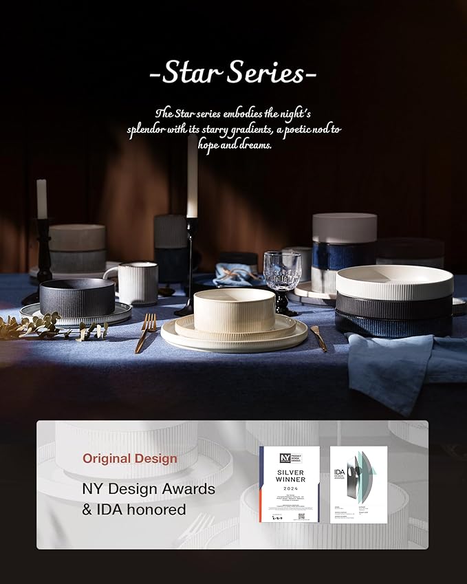 famiware Star 8.25" Pasta Bowls, Large Dinner Bowls Set of 6, Salad Bowl Plates, Shallow Bowls for Eating, Nebulas Blue