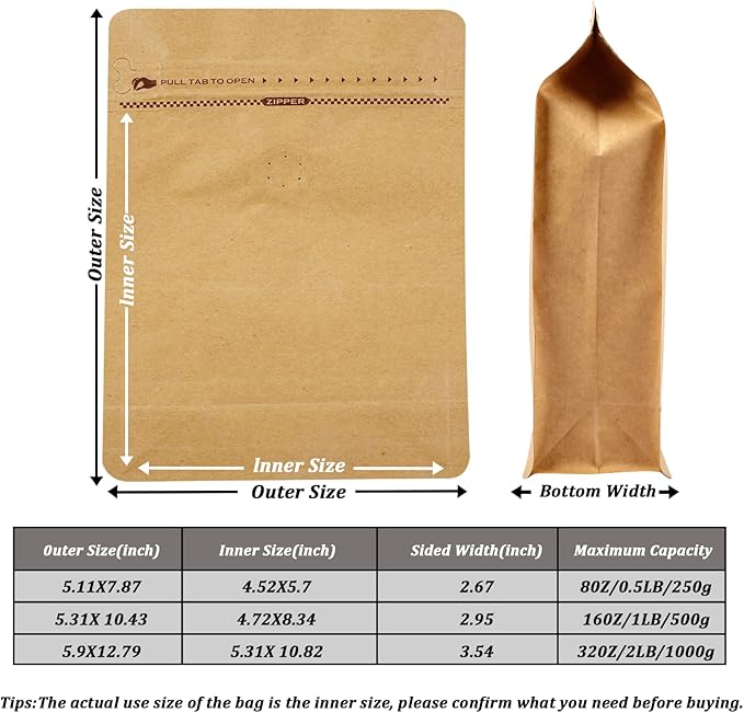 Coffee Bags with Valve (50 PCS,16oz/1lb) Kraft Paper High Barrier Aluminum Foil Flat Bottom Standing Coffee Beans Storage Packaging Bags,Reusable Heat Seal Side Zipper Pouches for Small Business&Home