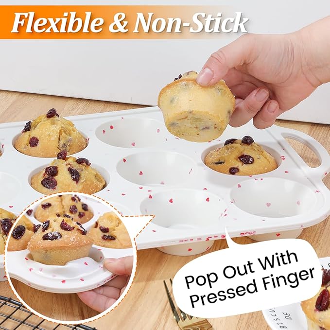 CAKETIME Silicone Muffin Pan, Metal Reinforced Frame Silicone Cupcake Pan Easy to Handle 12 Cups for Valentine's Day Baking Nonstick Regular Size Muffin Tin 1 Pack Love Heart