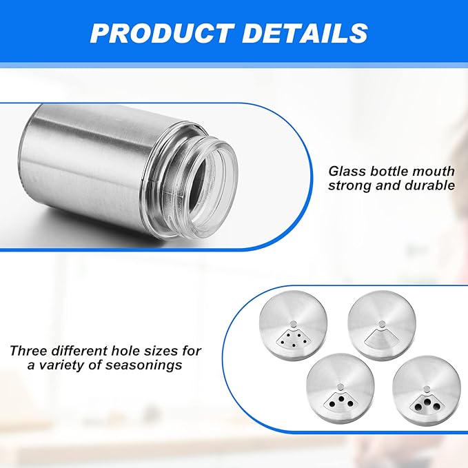 Dandat 36 Pcs Salt and Pepper Shakers Stainless Steel Spice Shakers with Adjustable Pour Holes and Glass Window 3.4oz Salt Dispenser Spice Jars with Rotating Lids for Sugar Seasoning Home