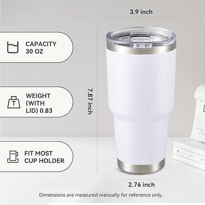 30 oz Tumbler with Lid Stainless Steel Tumblers Bulk Vacuum Insulated Cup Reusable Powder Coated Travel Mug Double Wall Leak Proof Cups Keep Cold Drinks for 12 Hours White, Set of 4
