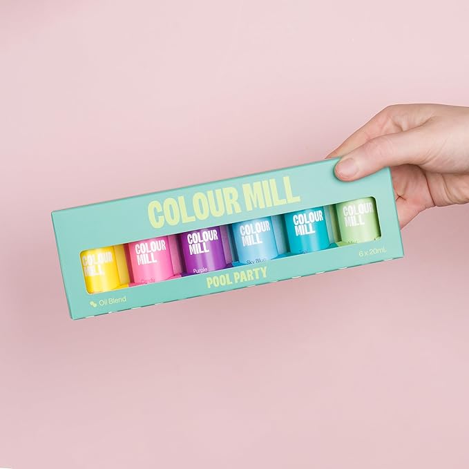 Colour Mill Pool-Party Pack Oil-Based Food Coloring, 20 Milliliters Each of 6 Colors: Candy, Mint, Purple, Sky Blue, Teal and Yellow 4.08 Fl Oz 120 milliliters