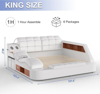 Luxury Smart King Bed Frame, Leather Headboard/Strong Wooden Slats - Image 2