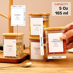 12 Pcs Square Glass Spice Jars with Natural Bamboo Lids - 5oz Airtight Herb Containers with 148 Waterproof Minimalist Spice Labels Preprinted - Empty Small Seasoning Jars for Kitchen Pantry