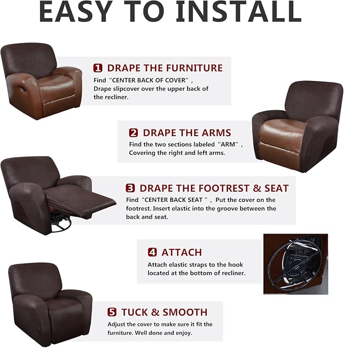 ANARACHON Recliner Chair Covers Leather Like, 4 Pieces Recliner Cover - Image 6