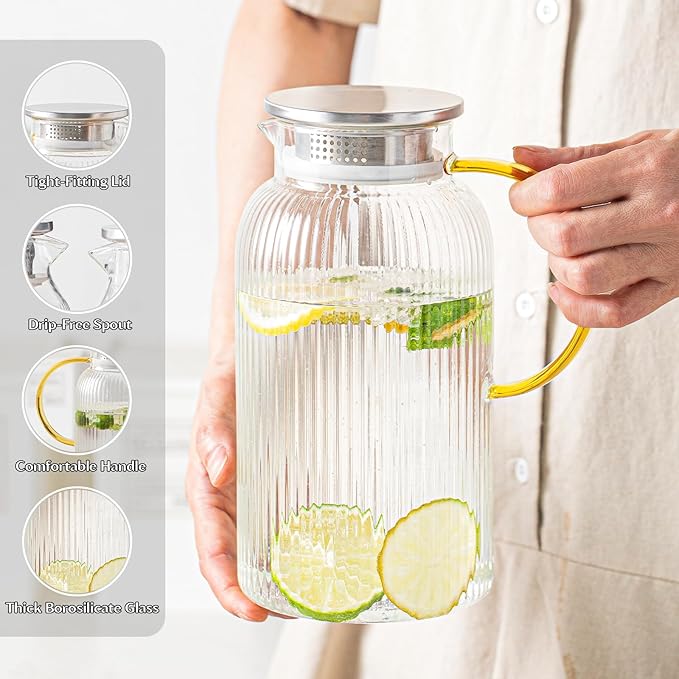 INSETLAN 68 Oz/2L Glass Pitcher with Lid and Spout, Ribbed Glass Jugs with Handle, Hot & Cold Water Pitcher for Iced Tea, Juice, Lemonade - Modern Glass Carafe for Fridge or Table (Pack of 2)