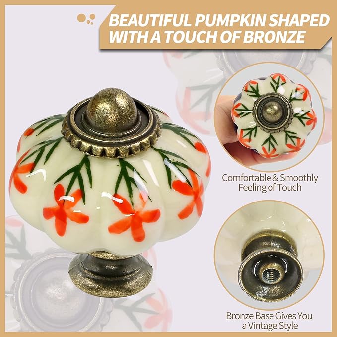 Ivory & Orange Pumpkin Knobs 6 Pack Ceramic Cabinet Knobs Vintage Drawer Pulls - Image 2