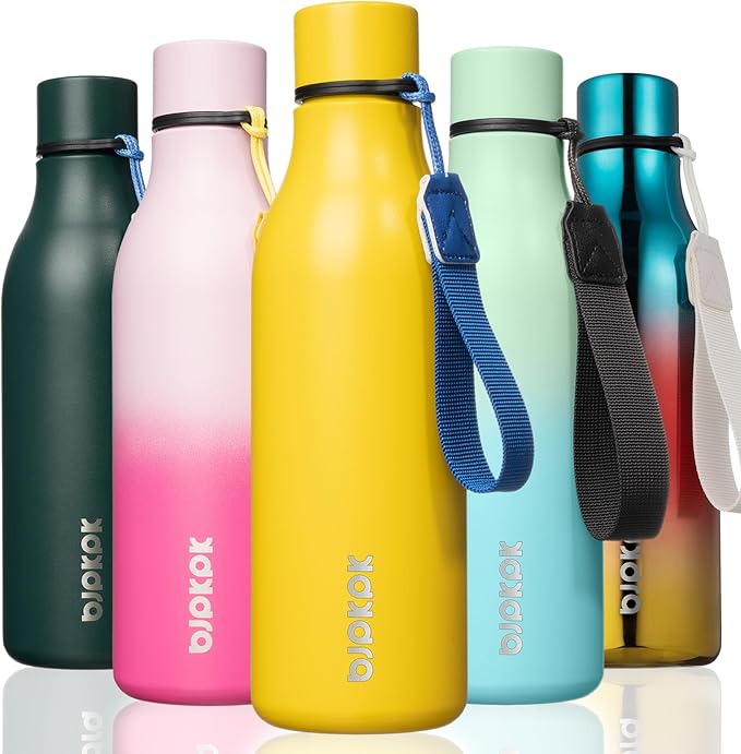 BJPKPK Insulated Water Bottles, 18 oz Stainless Steel Metal Water Bottle with Strap, BPA Free Leak Proof Thermos, Mugs, Flasks, Reusable Water Bottle for Sports & Travel, Yellow