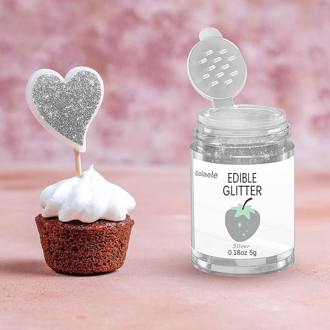 Silver Edible Glitter Glimmer Powder for Cakes Drinks - Colaele 5 grams Food Grade Luster Dust Metallic Food Decorating Sprinkle Disco Brew Dust for Cake Decorations Wine Beverage Candy Dessert, Vegan