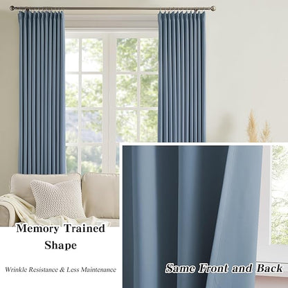 Extra Wide Dusty Blue Pinch Pleated Curtains 100 x 90, Thermal Insulated Noise - Image 6