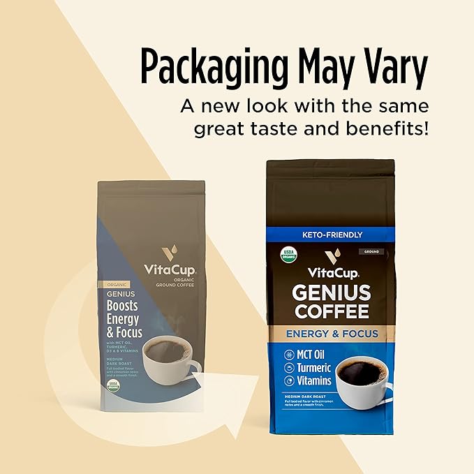 VitaCup Organic Genius Ground Keto Coffee, Increase Energy & Focus w/MCT Oil, Turmeric, B Vitamins, D3, USDA Organic Ground Coffee Medium Dark Roast, 100% Arabica Coffee Grounds, 4 bags, 10 oz each