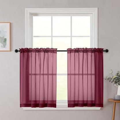 Burgundy Kitchen Curtains 30 Inch Length Tier 2 PCS, Solid Soft Airy Half by WelvetBLK