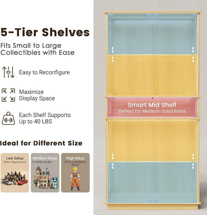 Display Cabinet with Glass Doors & LED Lights, 5 Tier Lighted Display Case - Image 4