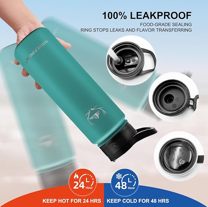 NATURE PIONEOR Insulated Water Bottles with Carrier Holder Sleeve - 24 ounce Stainless Steel Water Bottle with 3 Lids,straw,Keeps Hot and Cold