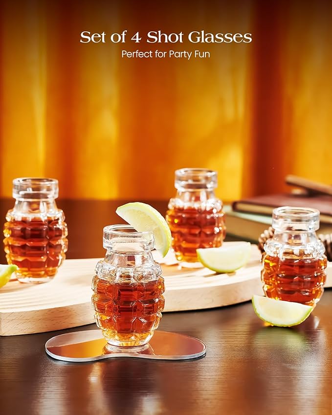 Kollea Grenade Shaped Shot Glass Set, Funny Shot Cups with Heavy Base for Whiskey, Tequila, Vodka, Liquor, 21st Birthday Gifts for Men Dad, Military Men Cave Decor, 3.7 Oz Bartender Accessories, 4 Pcs