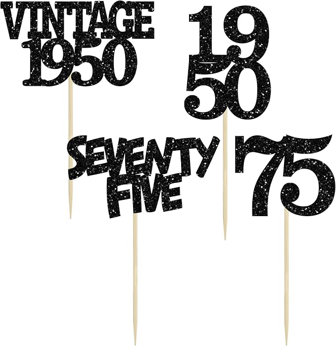 Gyufise 24Pcs Vintage 1950 Cupcake Toppers Glitter Cheers to 75 Fabulous Seventy Five Cupcake Picks 75th Birthday Wedding Anniversary Party Cake Decorations Supplies Black