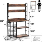Bakers Rack with Baskets and Power Outlet, 5-Tier Kitchen Utility Storage Shelf with Hooks, Microwave Oven Stand Rack, Vintage Brown Free Standing Kitchen Shelf