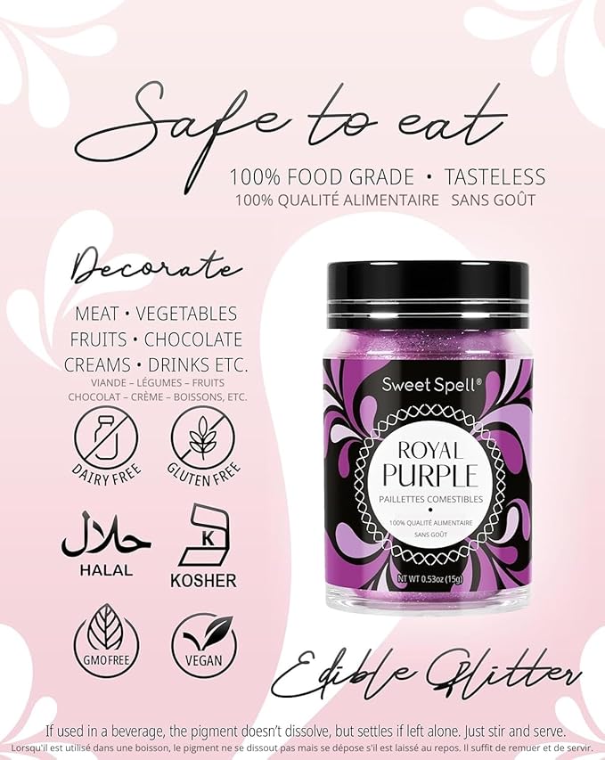 Sweet Spell Edible Glitter (15g) - Shimmer Sparkles for Drinks, Cakes, Cocktails - 100% Edible & Food Grade Glitter, Vegan, Gluten-Free (Purple)