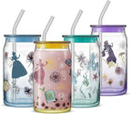 JoyJolt Disney Princess Icon Glass Tumblers with Lids and Straws, 16oz Glass Cups with Lids and Straws ft Princess Jasmine Ariel Cinderella Belle, 4pc Can Shaped Drinking Glasses, Iced Coffee Cups
