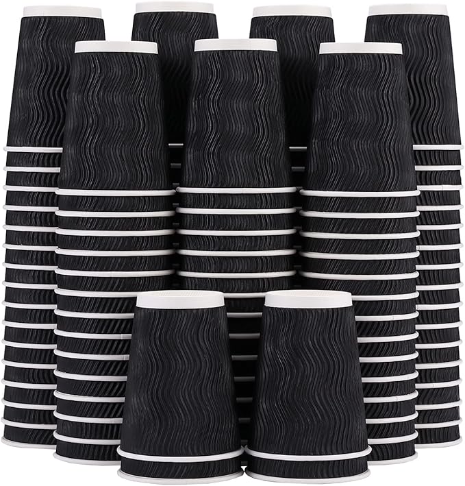 Lamosi 12 oz Disposable Coffee Cups - 120 Pack, Insulated Corrugated Paper Cups 12 oz, Kraft Ripple Wall Cups for Hot Beverage or Cold Drinks Office/Home/Party/Travel/Cafe (Black)
