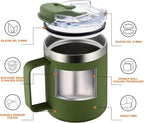 ALOUFEA 12oz Insulated Coffee Mug Cup with Handle, Stainless Steel Travel Coffee Mug with Flip Lid, Double Wall Vacuum Coffee Tumbler, ArmyGreen