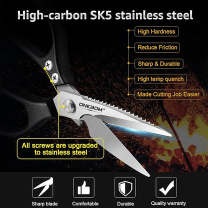 ONEBOM Kitchen Scissors 2 Pack, Heavy Duty All Purpose Shears for Cutting Meat, Fish, Poultry, Dishwasher Safe, Stainless Steel with Blade Kitchen Salad Scissors (Black)